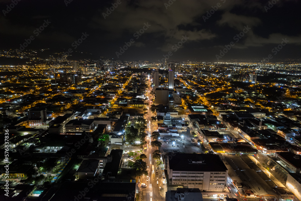 Fototapeta premium Beautiful aeria view of the city of San Jose Costa Rica at Night, full of lights
