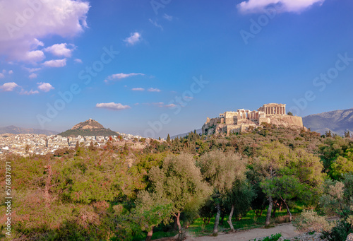 View of Athens seen from the Pnyx, the historic hill in the capital of Greece. The Acropolis of Athens and Mount Lycabettus dominate the picture.