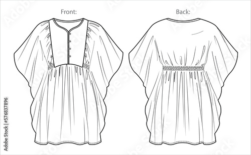Foto Vector short sleeve round neck mini dress technical drawing, woman kaftan dress with frill detail fashion CAD, sketch, template, flat