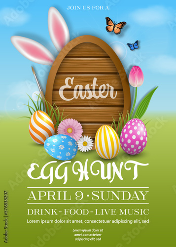 easter poster with egg shaped signboard and colorful eggs on spring background. egg hunt flyer with flowers and easter eggs