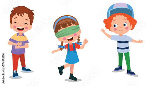 happy cute little kid boy and girl play tag blindfolded