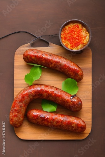 Notrhern Thai Spicy Sausage on wood board - generative ai photo