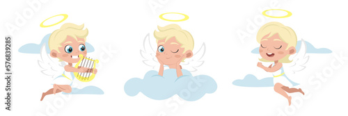 Vector illustration of cute and beautiful angels on a white background. Charming characters angels with nimbus and harp, in clouds, angels praying with folded hands in cartoon style.