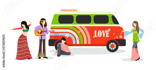 Vector illustration of the hippie subculture on a white background. Charming characters boys and girls near the bus in hippie clothes, playing on the guitar, traveling in a cartoon style. photo