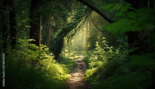 A lush green forest path surrounded by tall trees