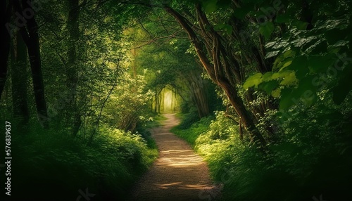 A lush green forest path surrounded by tall trees
