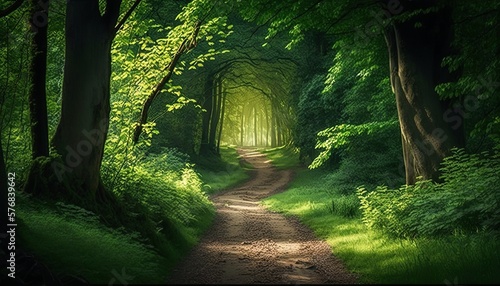 A lush green forest path surrounded by tall trees