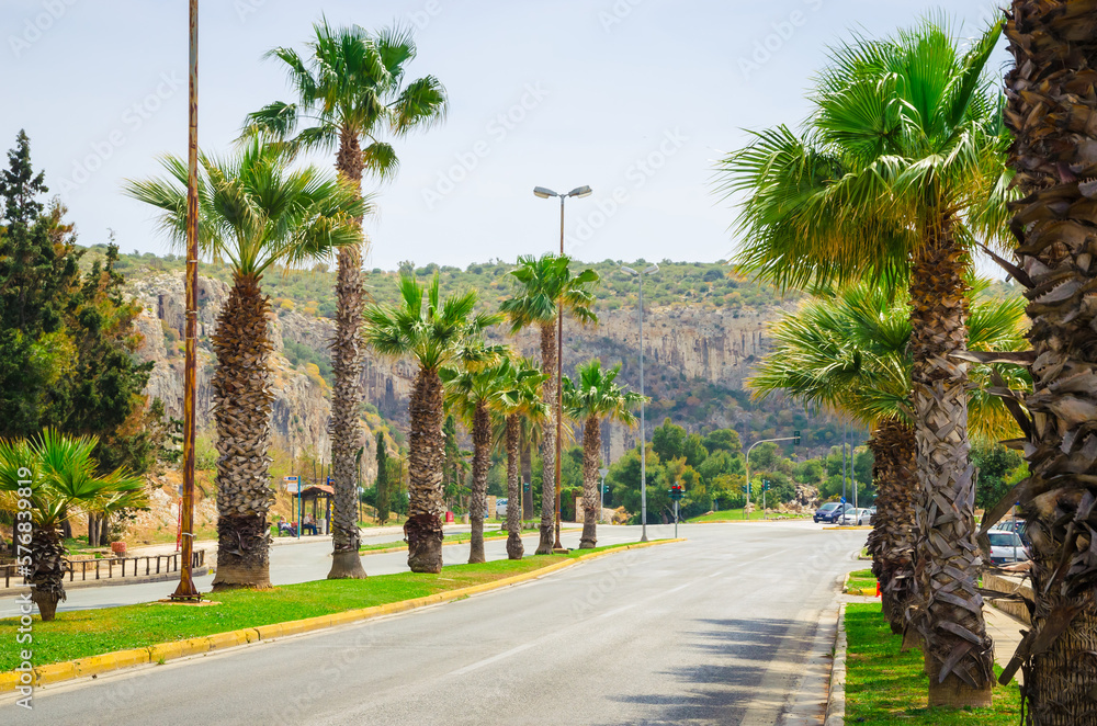Beautiful highway with palms in Athens, Greece.