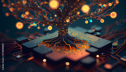 AI, Artificial neural network illustrated, tree with virtual neuron lights, communicating, AI generativ  photo