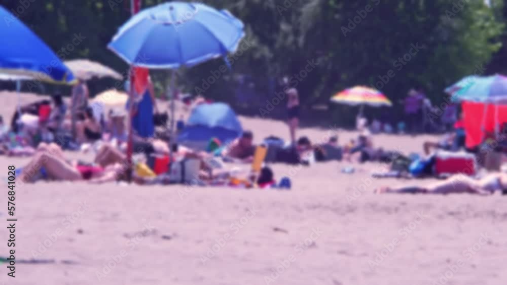 Blurry sandy beach with people and birds at hot summer day. Blurred people at lake or sea and green trees background. Holiday and tourist vacations sunbathing and relaxing at sunny day. Blurry sandy beach with people and birds at hot summer day. Blurred people at lake or sea and green trees background. Holiday and tourist vacations sunbathing and relaxing at sunny day.