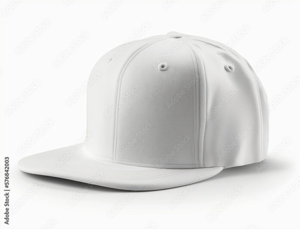 empty white snapback hat mockup isolated on a white blank background for design, flat baseball cap mock up, generative Ai