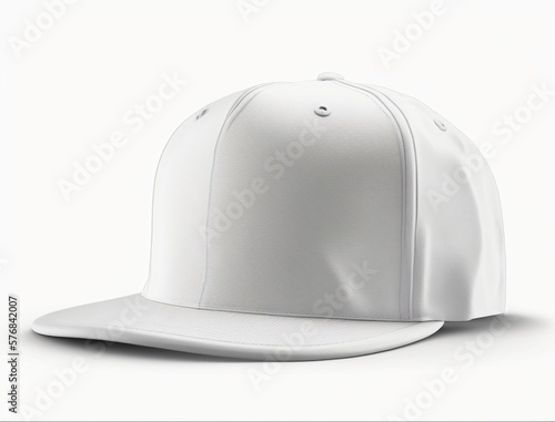 empty white snapback hat mockup isolated on a white blank background for design, flat baseball cap mock up, generative Ai