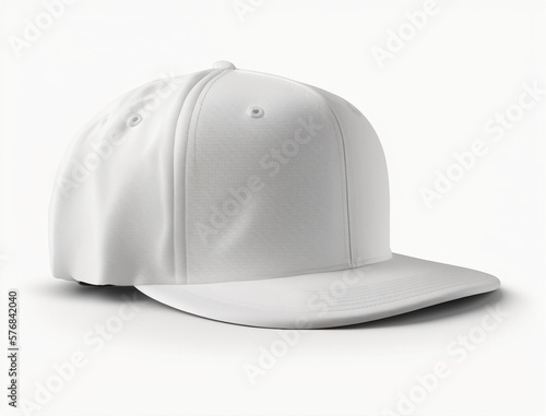 empty white snapback hat mockup isolated on a white blank background for design, flat baseball cap mock up, generative Ai
