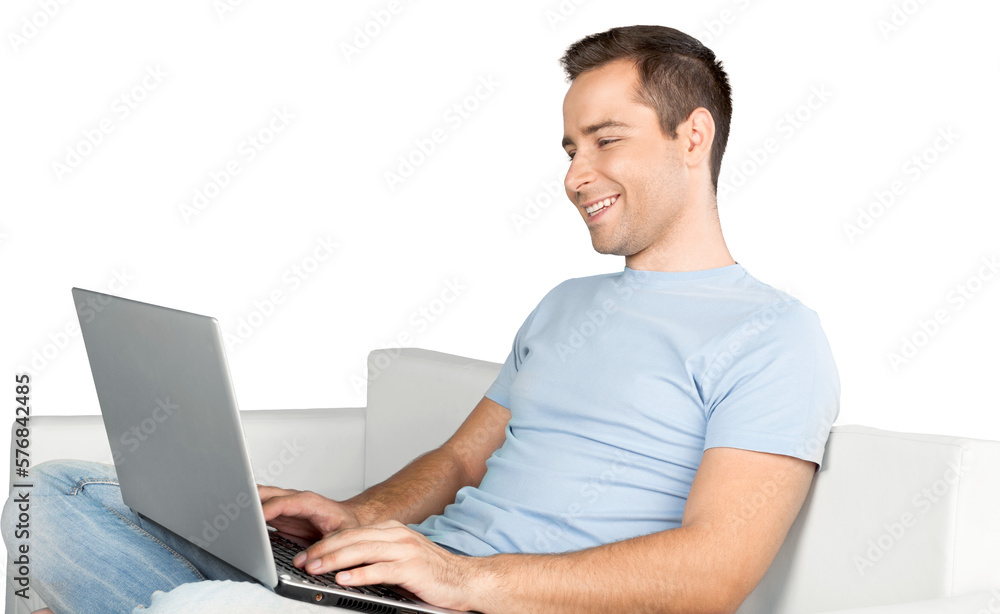 Portrait of young man using laptop isolated on white background Portrait of young man using laptop isolated on white background