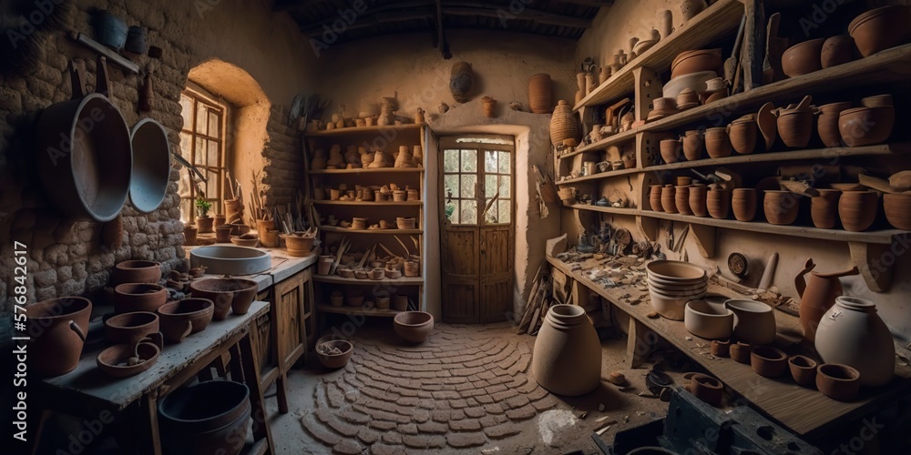 Pottery studio with pottery wheel kiln and shelves filled with various