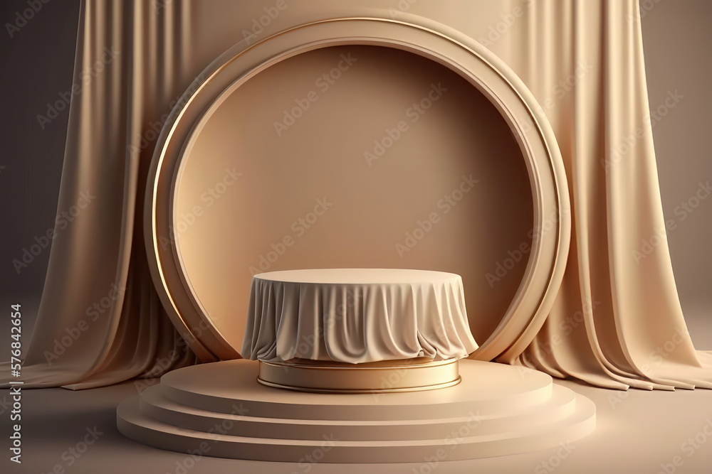 Illustration of a beige display podium with silk fabric. AI generation