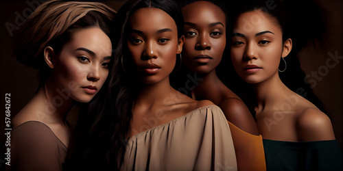 Women diversity, group female portrait with beauty, skincare and different, empowerment and community. Equality of confident young model, natural and wellness with studio background. Generative AI