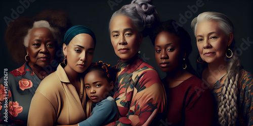 Portrait of multicultural group of woman as a symbol of strength, friendship, power. Multiracial, multi generation female family. Generative AI