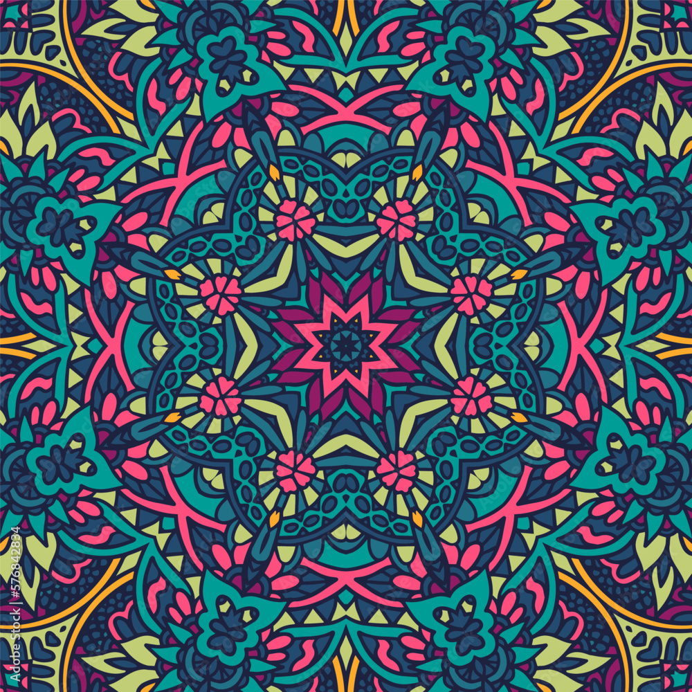 Festive colorful mandala art pattern. Geometric medallion doodle Boho style ornaments.