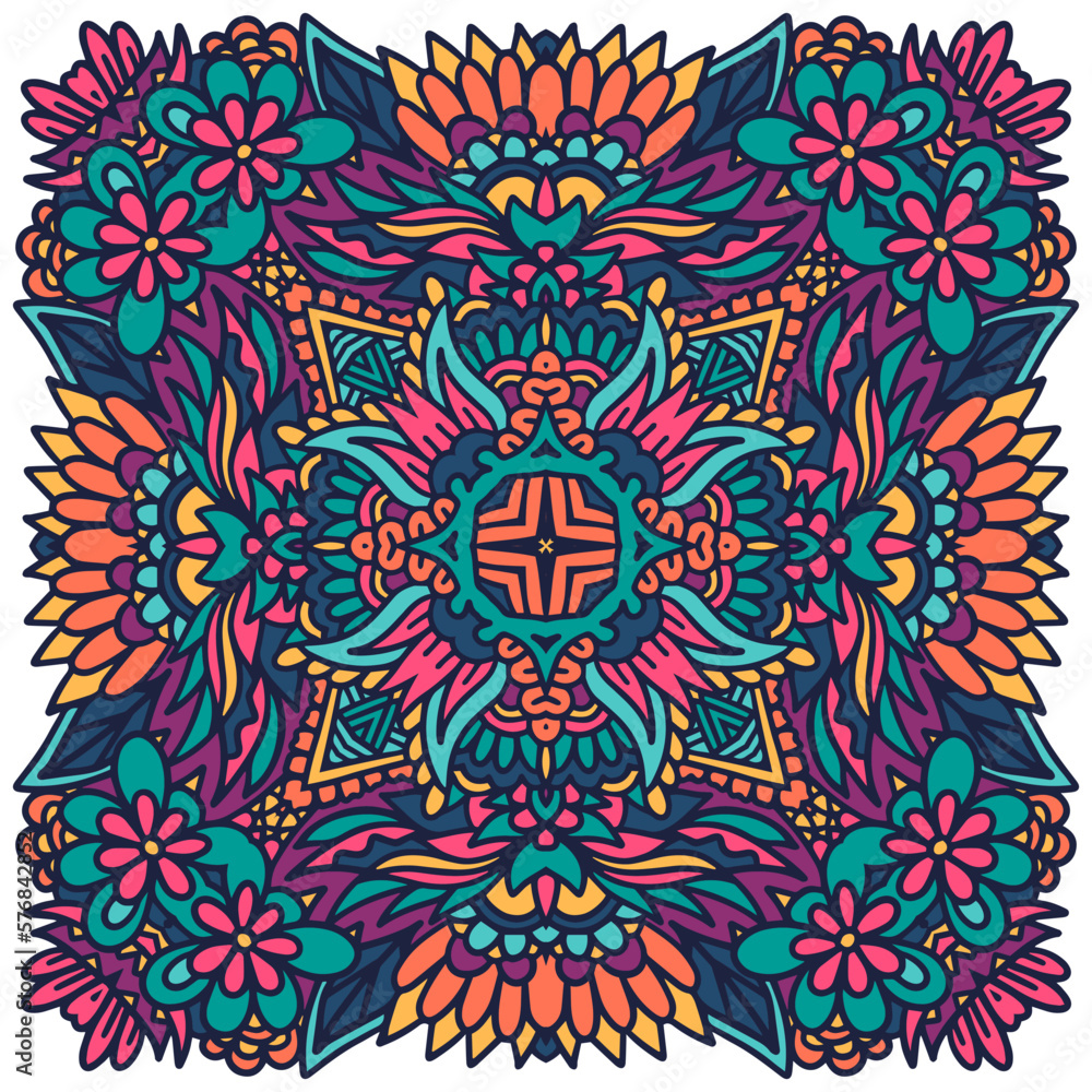 Ethnic vintage abstract colorful mandala ornamental. Mexican psychdedlic zentangle inspitated design