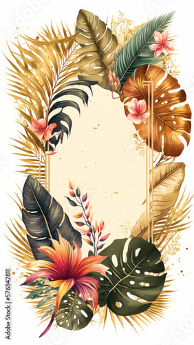 frame  celebration  tropic  flowers  invitation  gold  orange