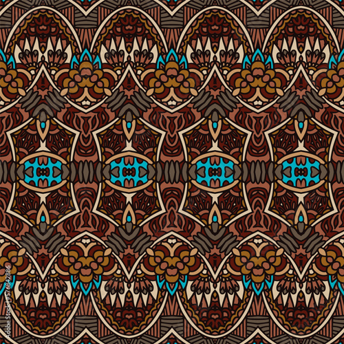 Trendy african tribal seamless pattern fort fabric. Bohemian nomadic style doodle handdrawn arts.