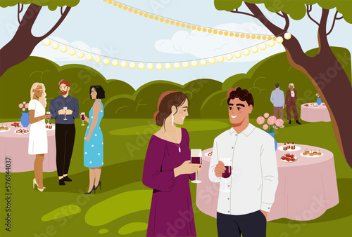 Party or outdoor event. Young men and women guests of holiday for informal conversation. Celebrating wedding or birthday in decorated garden or backyard. Cartoon modern flat vector illustration