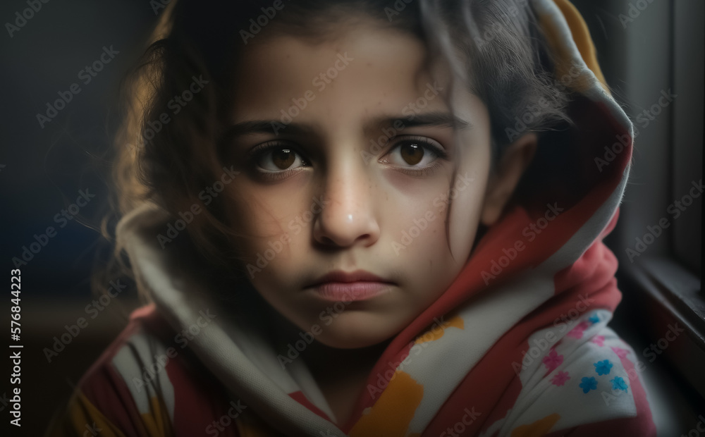 Small Orphaned Refugee Girl, alone and desperate, close up portrait, concept of poverty and migration. Shallow field of view. Illustrative Generative AI. Not a real person. Small Orphaned Refugee Girl, alone and desperate, close up portrait, concept of poverty and migration. Shallow field of view. Illustrative Generative AI. Not a real person.
