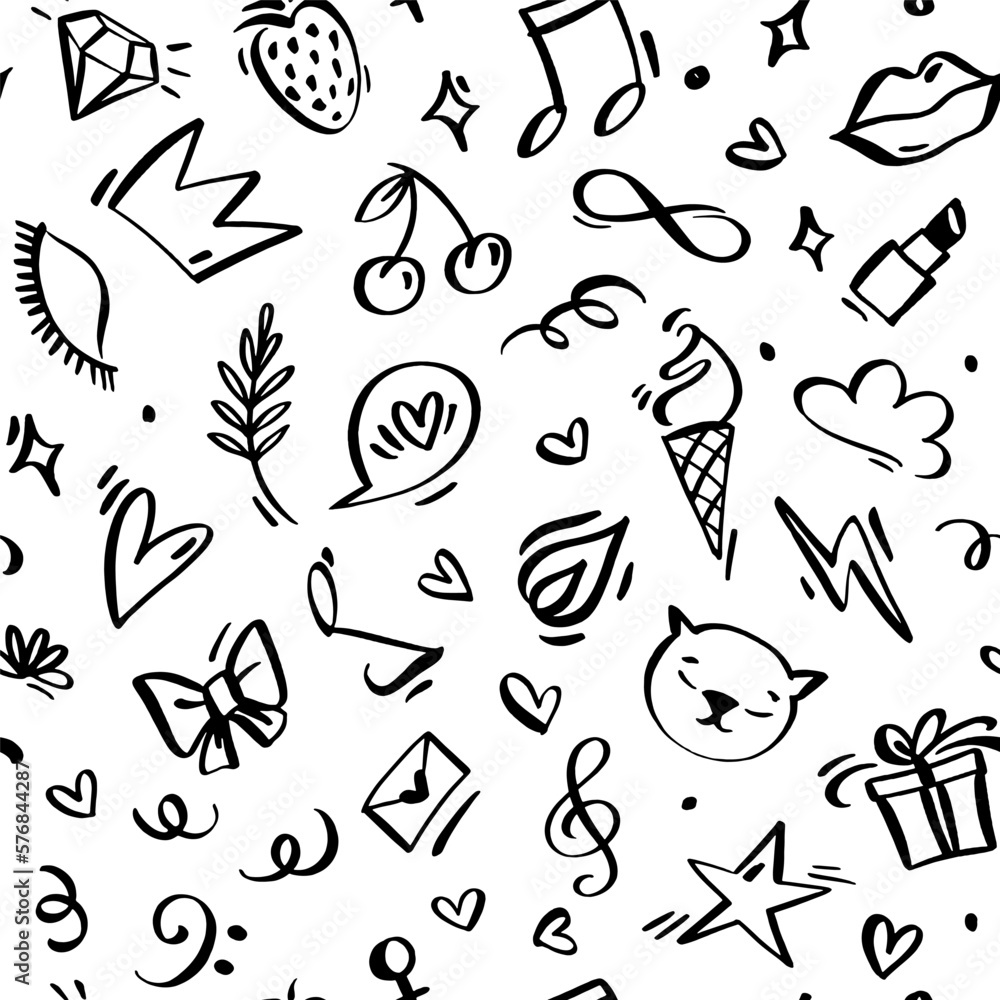 Girl Power linear hand drawn vector seamless pattern. Repeatable background with objects such as crown, lips, ice cream, letter, hearts, speech bubble, flame, flash, lashes, musical notes. Girl Power linear hand drawn vector seamless pattern. Repeatable background with objects such as crown, lips, ice cream, letter, hearts, speech bubble, flame, flash, lashes, musical notes.
