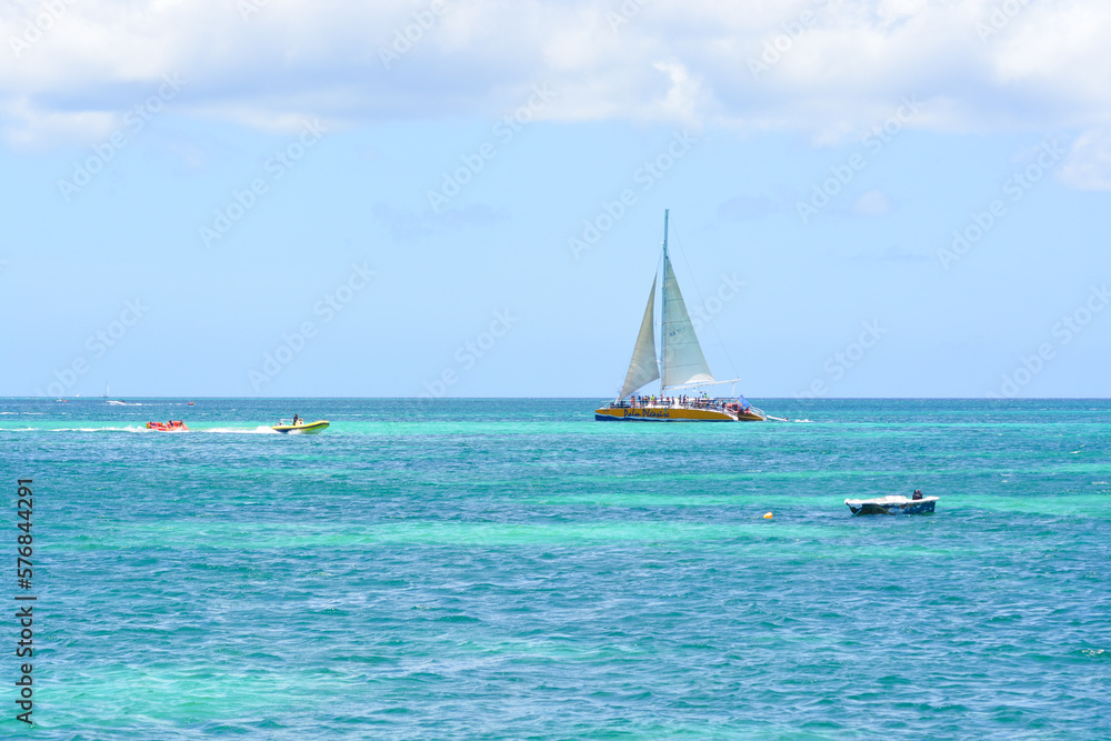 A view on tourist boat  in Aruba, Caribbean sea. Space for text. 