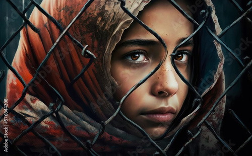 Girl wearing a hijab looking out through the holes of a fence. Artistic, look/paint. Concept of refugees, migration and children. Shallow depth of field. Illustrative Generative AI. Not a real person.