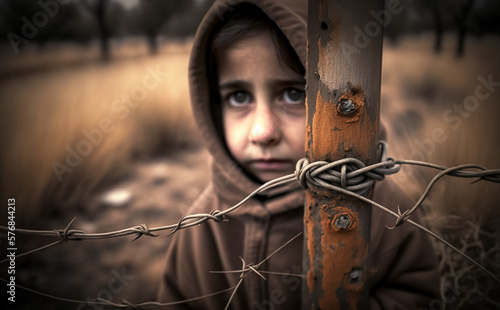 Refugee Girl behind a rusted Barb wire fence, worn clothes and looking sad. Concept of refugees, war and migration. Shallow focus. Illustrative Generative AI. Not a real person. photo