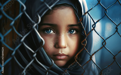 Girl wearing a hijab looking out through the holes of a fence. Concept of refugees, migration and children. Shallow depth of field. Illustrative Generative AI. Not a real person.