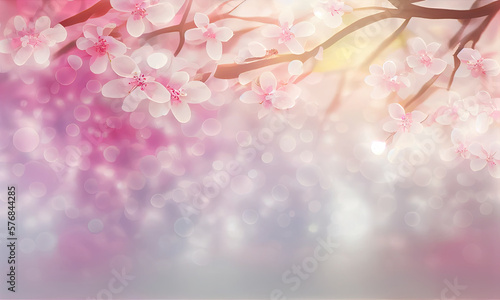 Blooming tree, pink flowers on an abstract background with sunny bokeh, generative AI © Enigma