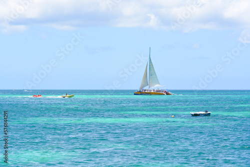 A view on tourist boat in Aruba, Caribbean sea. Space for text. 