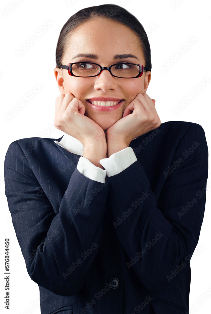Friendly Businesswoman Shrug with Head Reasting on Fists - Isolated