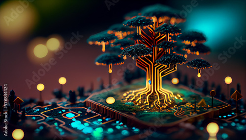 AI, Artificial neural network illustrated, tree with virtual neuron lights on circuitry, AI generative 