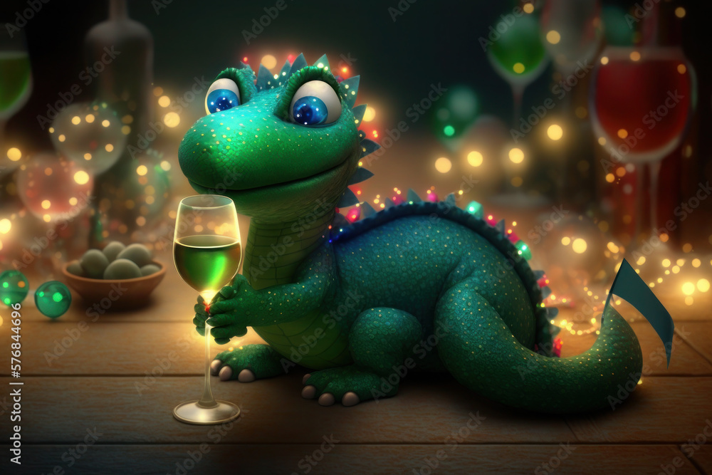 Naklejka premium a small, cute green dragon is celebrating with a glass of champagne. happy New Year. AI Generative