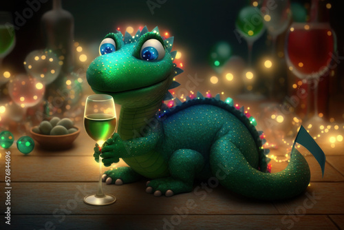 a small, cute green dragon is celebrating with a glass of champagne. happy New Year. AI Generative © Svetlana