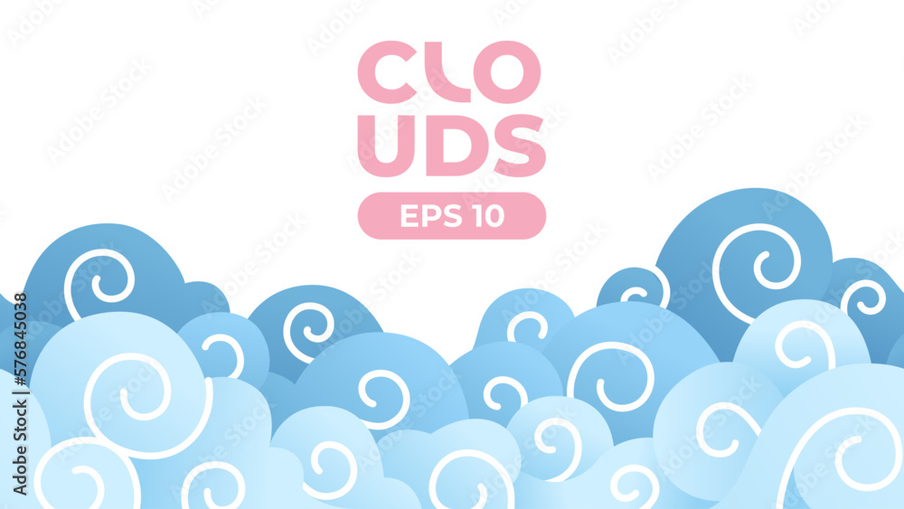 Seamless border of clouds. Blue clouds background. Blue sky. Water waves. Sea or ocean. Layered carve paper, origami. Theatrical scenery. Simple cartoon design. Flat style vector illustration. Seamless border of clouds. Blue clouds background. Blue sky. Water waves. Sea or ocean. Layered carve paper, origami. Theatrical scenery. Simple cartoon design. Flat style vector illustration.