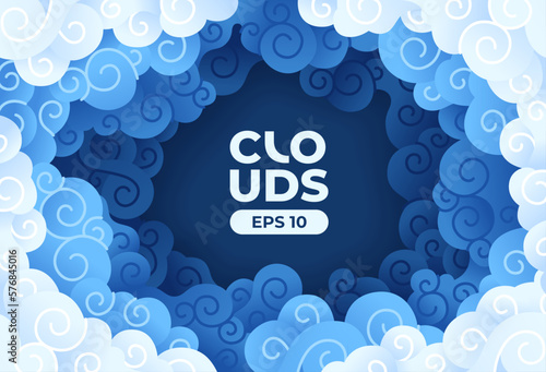 Blue clouds background. Border of clouds. Blue sky. Water waves. Sea or ocean. Layered carve paper, origami. Theatrical scenery. Simple cartoon design. Flat style vector illustration.