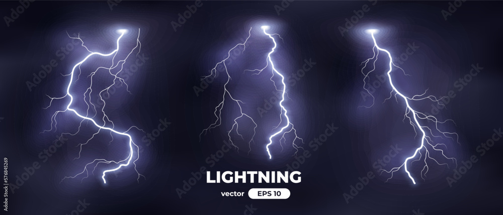 Thunder lightning isolated on black background. Lightnings set ...