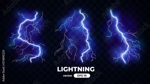 Thunder lightning isolated on black background. Lightnings set. Thunderstorm. Flash light thunderbolt spark. Bright glow and sparkle effect. Realistic transparent lightning. Vector illustration eps10.