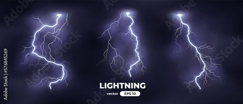 Thunder lightning isolated on black background. Lightnings set. Thunderstorm. Flash light thunderbolt spark. Bright glow and sparkle effect. Realistic transparent lightning. Vector illustration eps10.