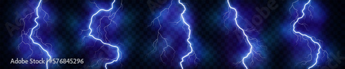 Thunder lightning isolated on black background. Lightnings set. Thunderstorm. Flash light thunderbolt spark. Bright glow and sparkle effect. Realistic transparent lightning. Vector illustration eps10.