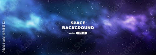 Space background with bright shining stars. Star universe. Beautiful colorful nebula. Starry night sky. Deep cosmos. Black outer space. Milky way galaxy. Science fiction. Vector illustration eps10.