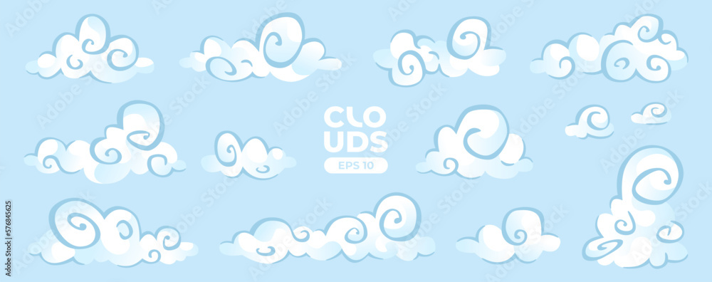 Clouds set isolated on a blue background. Greek culture. Signs and icons collection. Realistic elements. White color. Simple cartoon design. Flat style vector illustration. Clouds set isolated on a blue background. Greek culture. Signs and icons collection. Realistic elements. White color. Simple cartoon design. Flat style vector illustration.