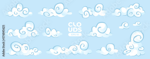 Clouds set isolated on a blue background. Greek culture. Signs and icons collection. Realistic elements. White color. Simple cartoon design. Flat style vector illustration.