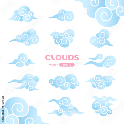 Chinese clouds set isolated on a white background. Japanese, Korean, asian traditional style elements. Signs and icons collection. Blue color. Simple cartoon design. Flat style vector illustration.