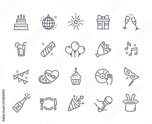 Set of Simple Party Related Icons. Birthday cake, balloons, garland, disco ball and fireworks for celebration. Design element for social networks. Cartoon linear vector collection isolated on white